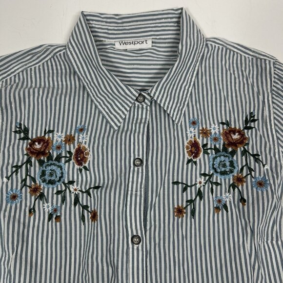 Westport Women Button Up Shirt Top Gray Striped Metallic Embroidered Floral Sz L - Picture 4 of 7